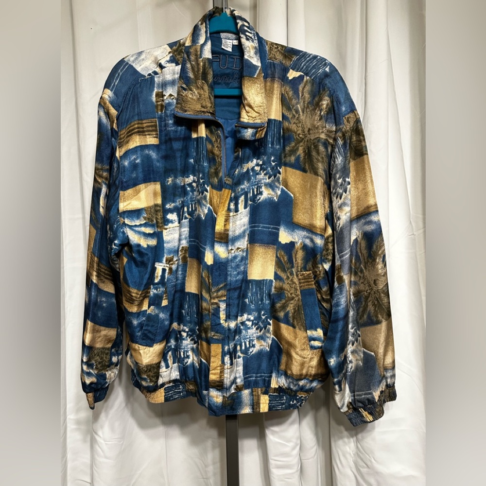 New Men’s Silk Blue Mix “ Fuda International “ Bomber Jacket